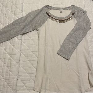 J Crew Jeweled Neckline Baseball Tee